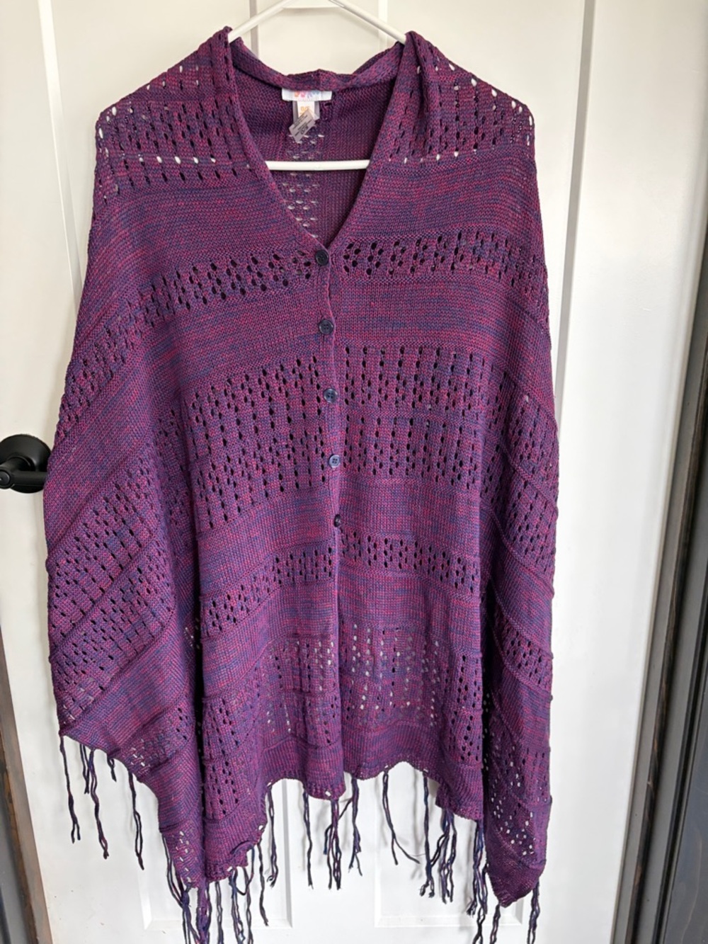 LuLaRoe Purple Openwork Button-Front Poncho with Fringe